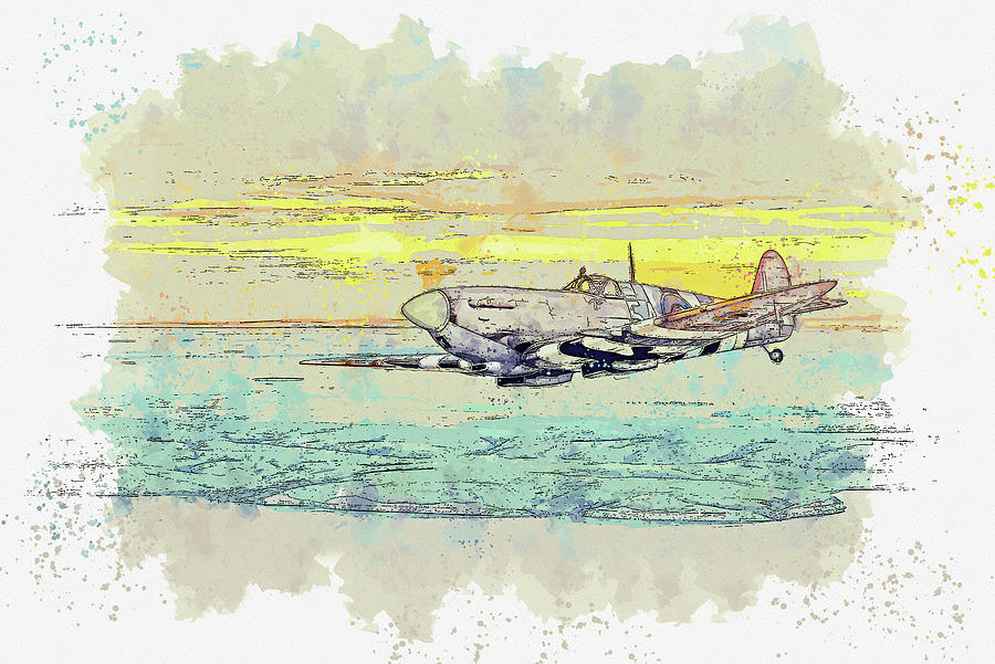 Spitfire Returning At Sunset From A Mission Across The English Channel In Watercolor Ca By Ahmet Asa Painting