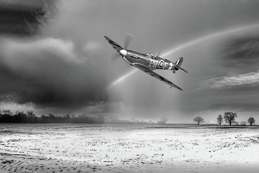 Spitfire with snow shower rainbow BW version Photograph by Gary Eason