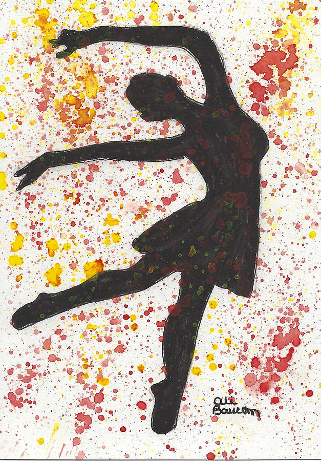 Splash Dance Black Silhouette of a Dancer against Splashes of Yellows and Reds Painting by Ali Baucom