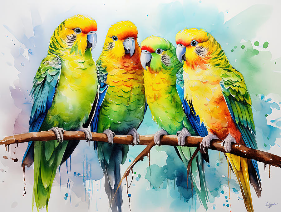 Splash of Cheer - Flock of Parakeets Painting by Lourry Legarde