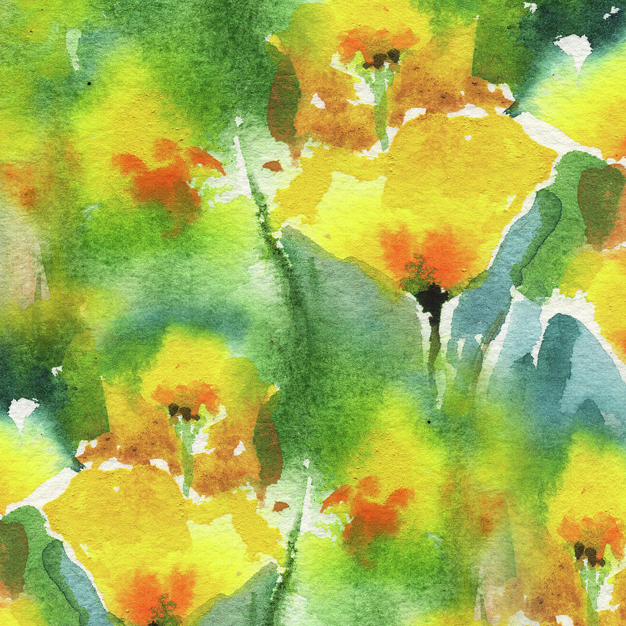 Splash Of Watercolor Abstract Flowers Orange Yellow Poppies I Painting by Irina Sztukowski