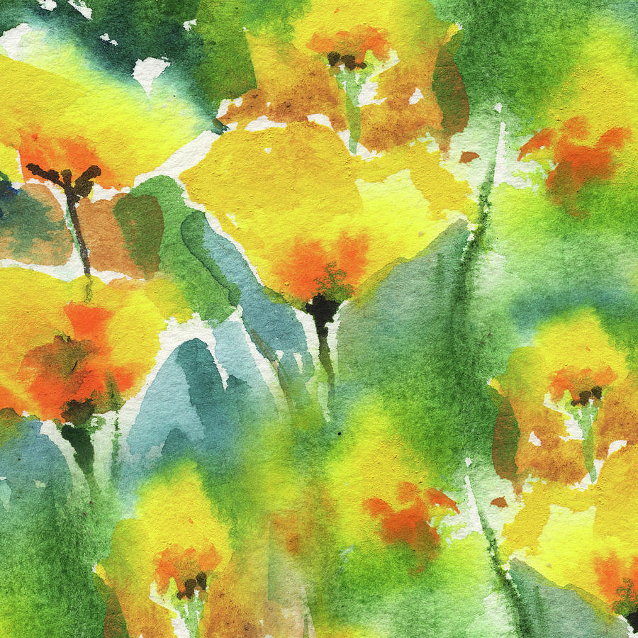 Splash Of Watercolor Abstract Flowers Orange Yellow Poppies II Painting by Irina Sztukowski