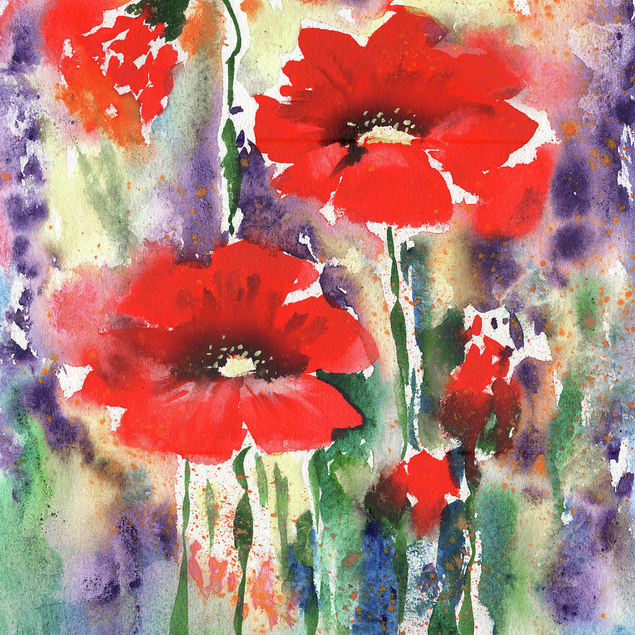 Splash Of Watercolor Abstract Flowers Vivid Colorful And Bright Red Poppies II Painting by Irina Sztukowski