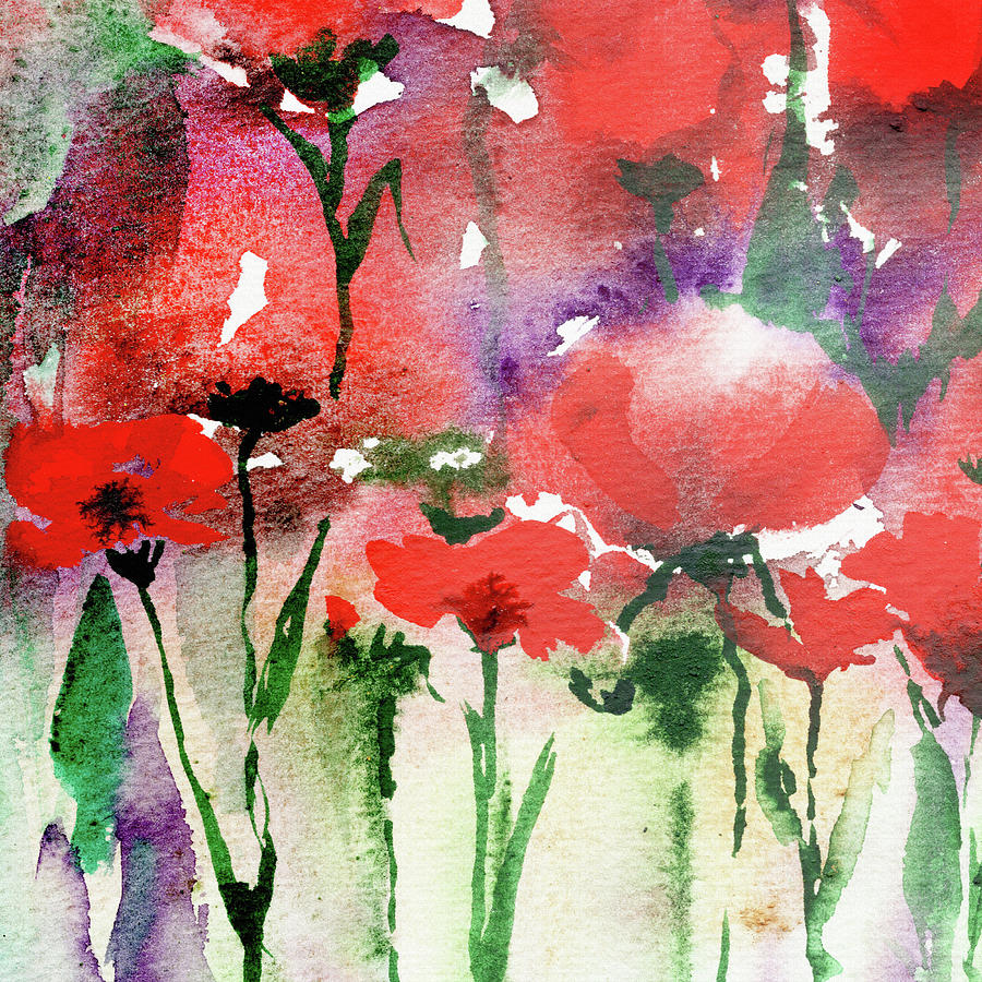 Splash Of Watercolor Abstract Flowers Vivid Colorful And Bright Red Poppies III Painting by Irina Sztukowski