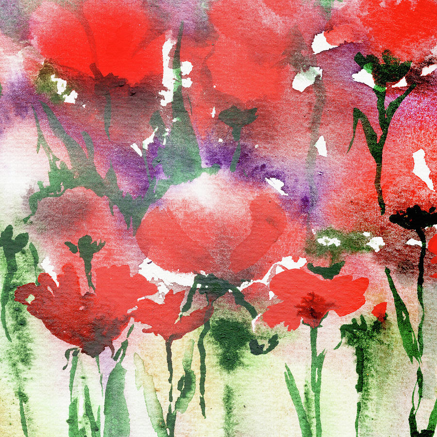 Splash Of Watercolor Abstract Flowers Vivid Colorful And Bright Red Poppies IV Painting by Irina Sztukowski