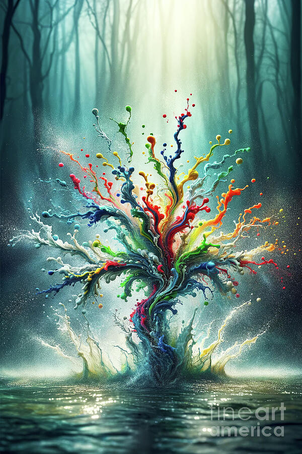 Splashes of vibrant, multicolored liquid rise and twist into the air like the branches of a tree Digital Art by Odon Czintos