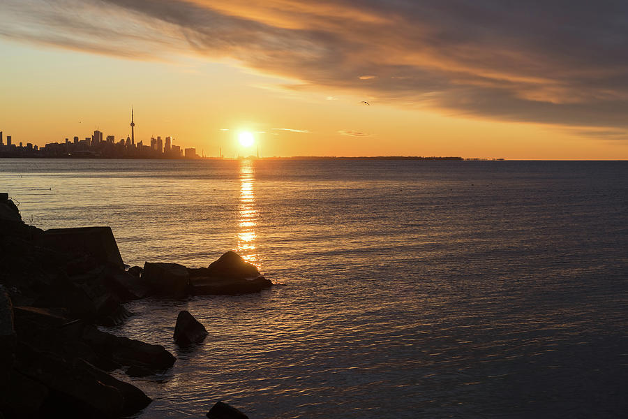 Splendid Morning - Toronto Skyline Sunrise with Rough Rocks Photograph by Georgia Mizuleva