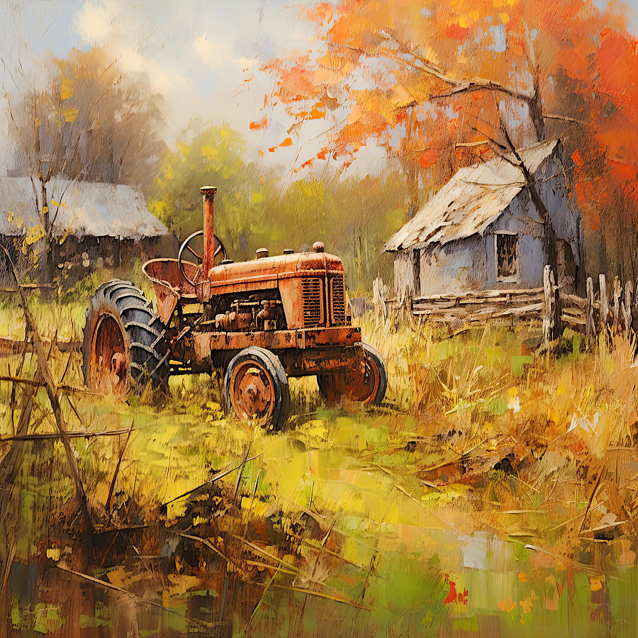 Splendor of the Past - Red Tractor Art Painting by Lourry Legarde