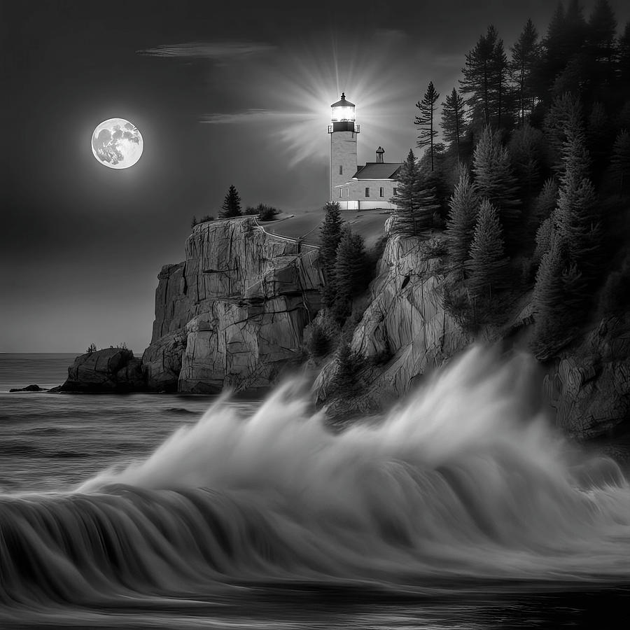 Split Rock Lighthouse B W Digital Art by Donna Kennedy
