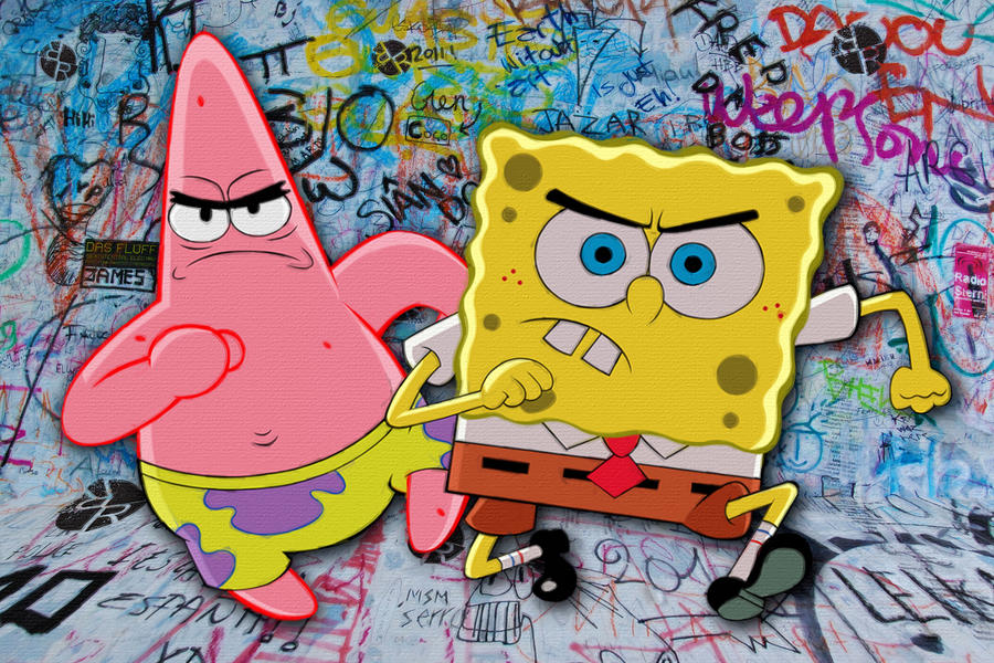 SpongeBob SquarePants graffiti in abandoned building Running With Friend Painting by Tony Rubino