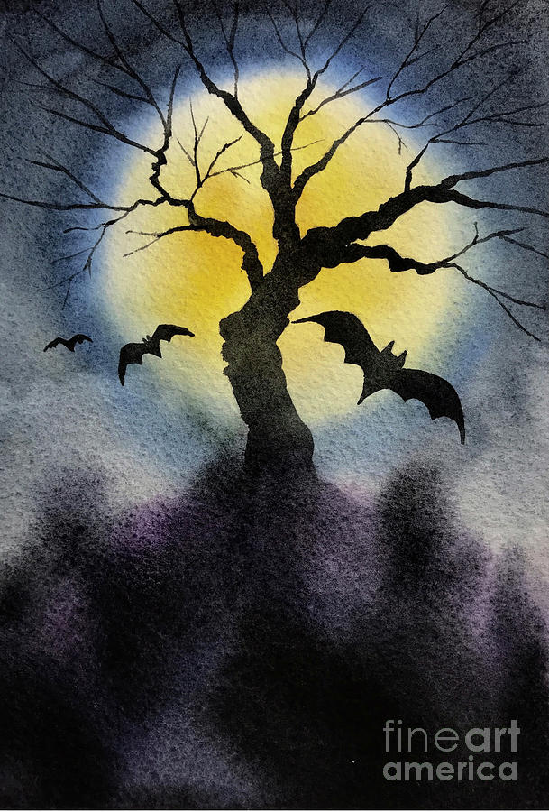 Spooky Halloween Tree Silhouette, Scary Night Digital Art by Amusing DesignCo