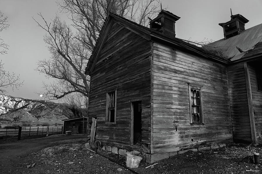 Spooky Old Building with Moonset in Black and White  Photograph by Kathleen Bishop