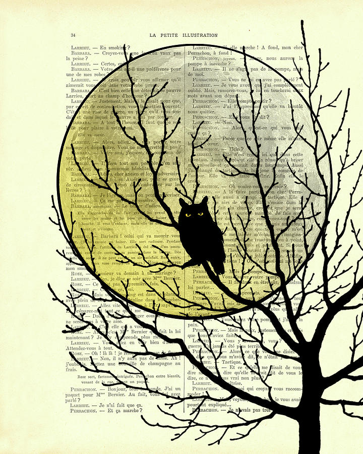 Owl Digital Art - Spooky owl at full moon by Madame Memento