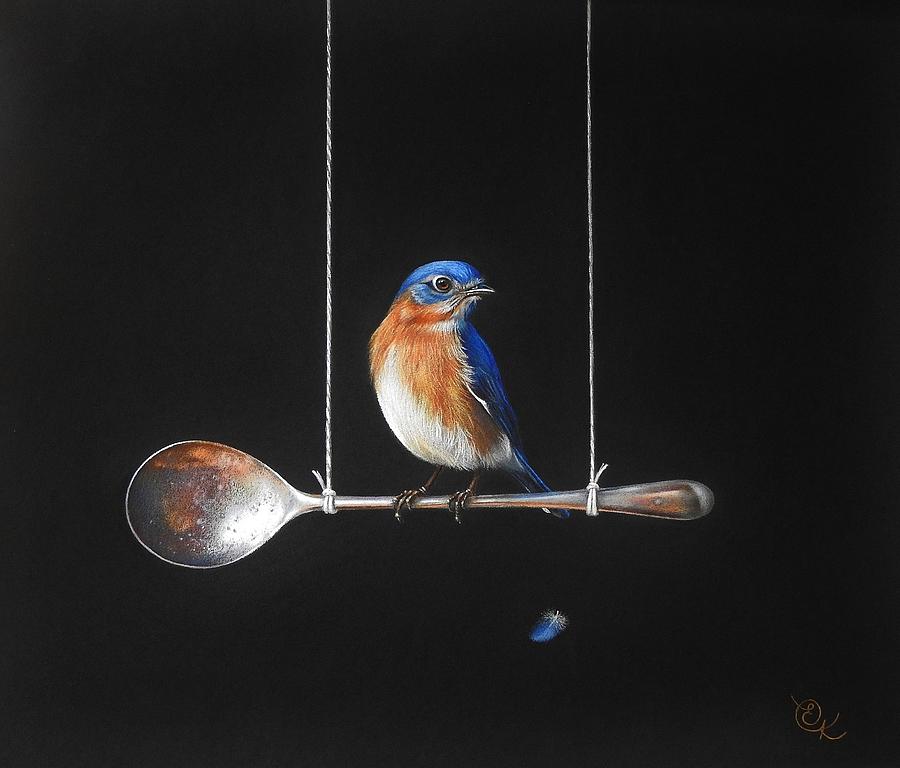 Bluebird Mixed Media - Spoon perch by Elena Kolotusha