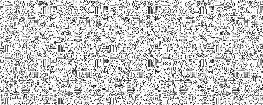 Sport Elements Seamless Pattern and Background with Line Icons Drawing by Designer