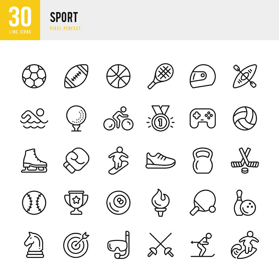 SPORT - thin line vector icon set. Pixel perfect. The set contains icons: Soccer, Boxing, Basketball, Golf, Swimming, American Football, Tennis, Ice Hockey. Drawing by Fonikum