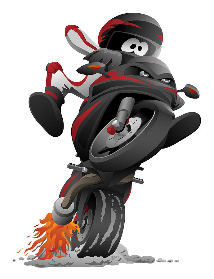 Sportbike motorcycle with a funny biker popping a wheelie cartoon  illustration Digital Art by Jeff Hobrath - Pixels