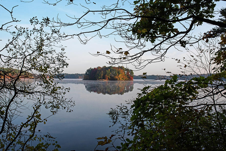 Spot Pond Stoneham Massachusetts looking at the Great Island through the trees Autumn Fall Photograph by Toby McGuire