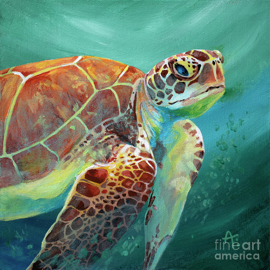 Turtle Painting - Finn - Sea Turtle painting by Annie Troe