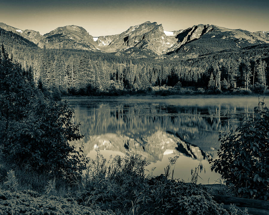 Sprague Lake Mountain Peaks in Sepia - Estes Park Colorado Photograph by Gregory Ballos
