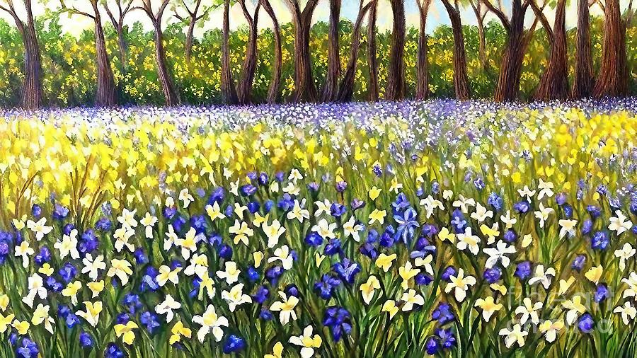 Impressionism Painting - Spring Afternoon Painting alley art background big flowers forest green illustration illustration nature oil painting park road sunny trees wildflowers beauty bloom blooming blossom blue bluebell by N Akkash
