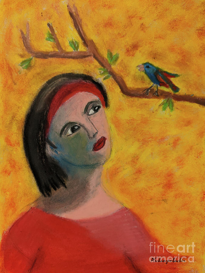 Spring and the Lady in Red - Oil Pastel Pastel by Aurelia Schanzenbacher