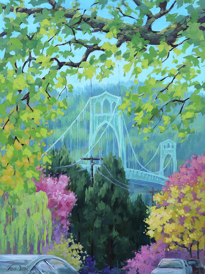 Spring Bridge Painting by Karen Ilari