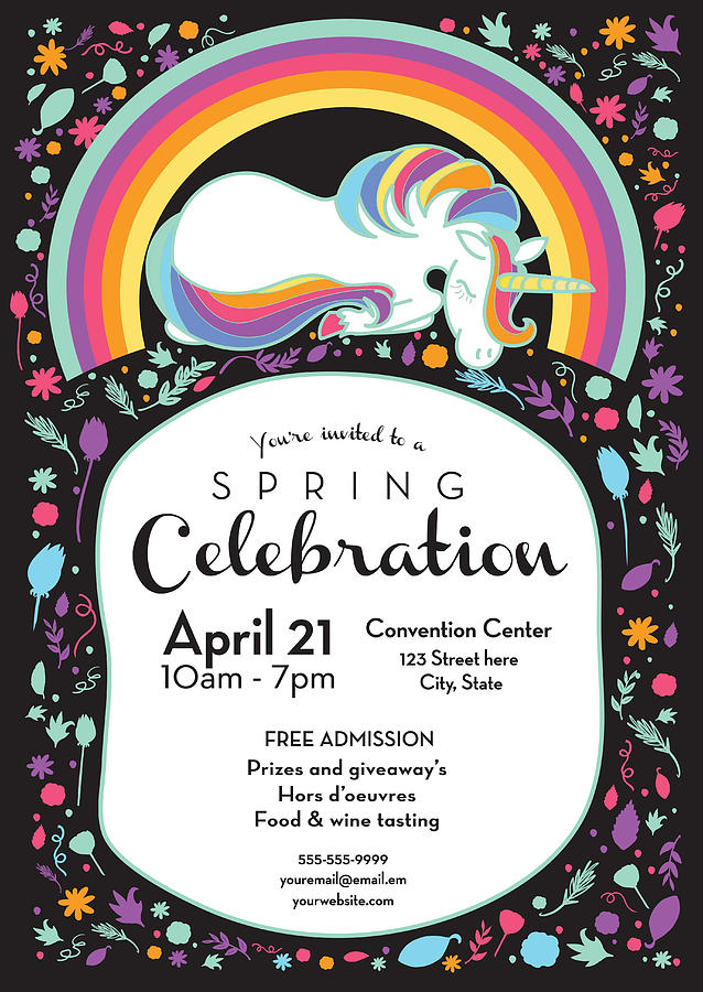 Spring celebration invitation design template with unicorn and rainbow Drawing by JDawnInk
