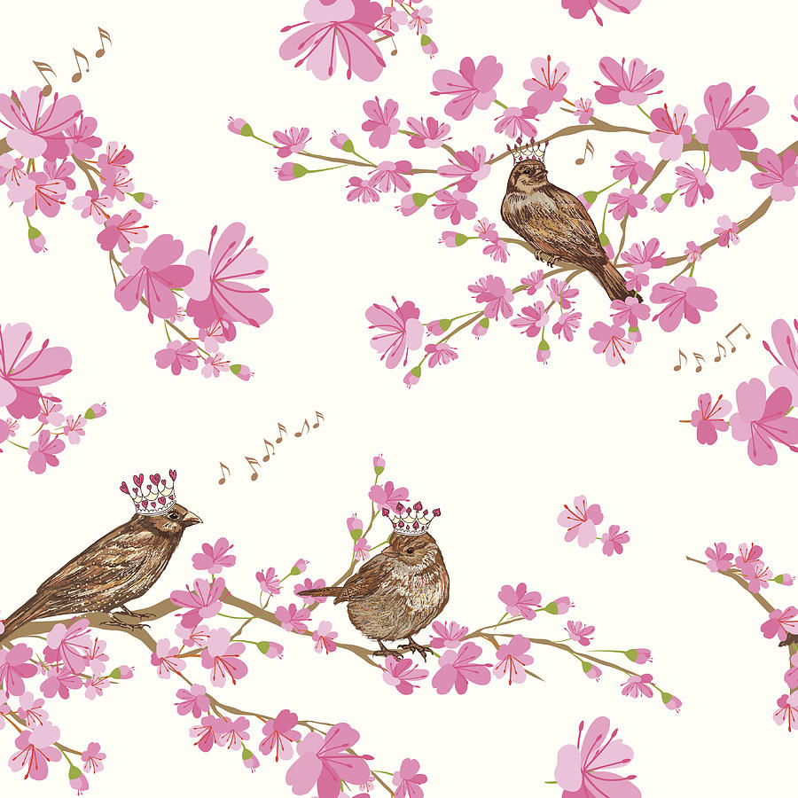 Spring Cherry Blossoms with sparrows Pattern Drawing by Diane Labombarbe