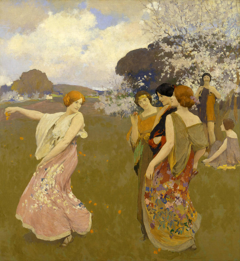 Spring Dance. Oil on canvas, dated ca. 1917. Painting by Arthur F Mathews