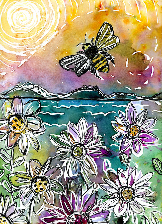 Spring day Buzzing Bee at the Lake Painting by Joanne Herrmann