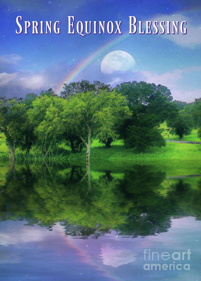 Spring Equinox Ostara Blessing with Moon Rainbow Oak Trees and Water