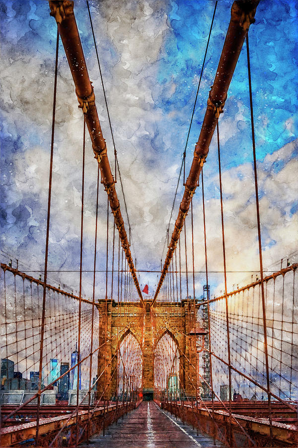 Transportation Photograph - Spring Evening on the Brooklyn Bridge Digital Watercolor by Rick Berk