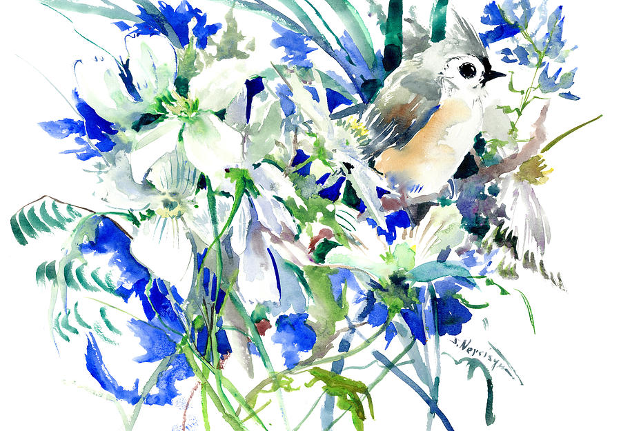 Spring Flowers and Titmouse Painting by Suren Nersisyan