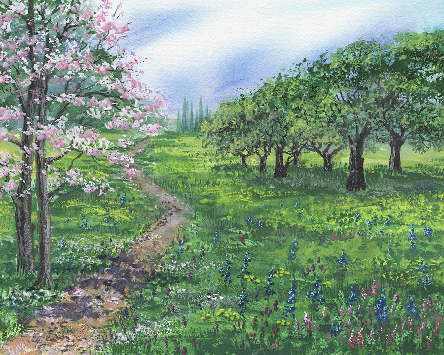 Spring Flowers In The Field Blossoms On The Trees Painting