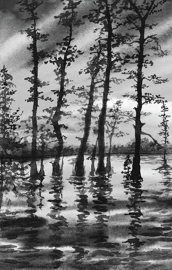 Into The Woods Painting - Spring Forest Trees Silhouette In Black White Gray Watercolor  by Irina Sztukowski