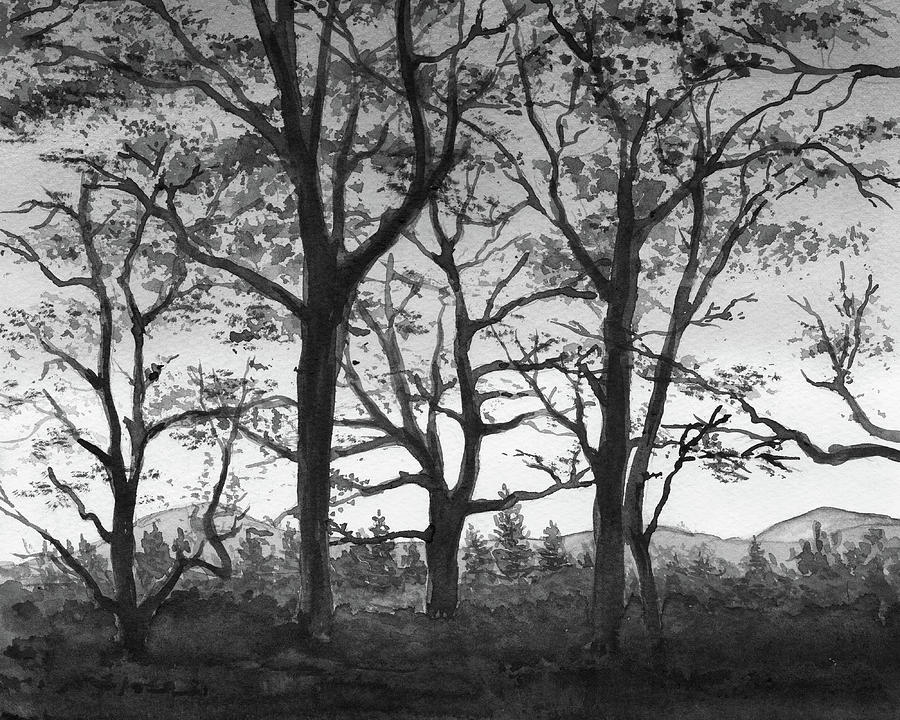 Into The Woods Painting - Spring Forest Trees Silhouette Landscape In Black White Gray Watercolor  by Irina Sztukowski