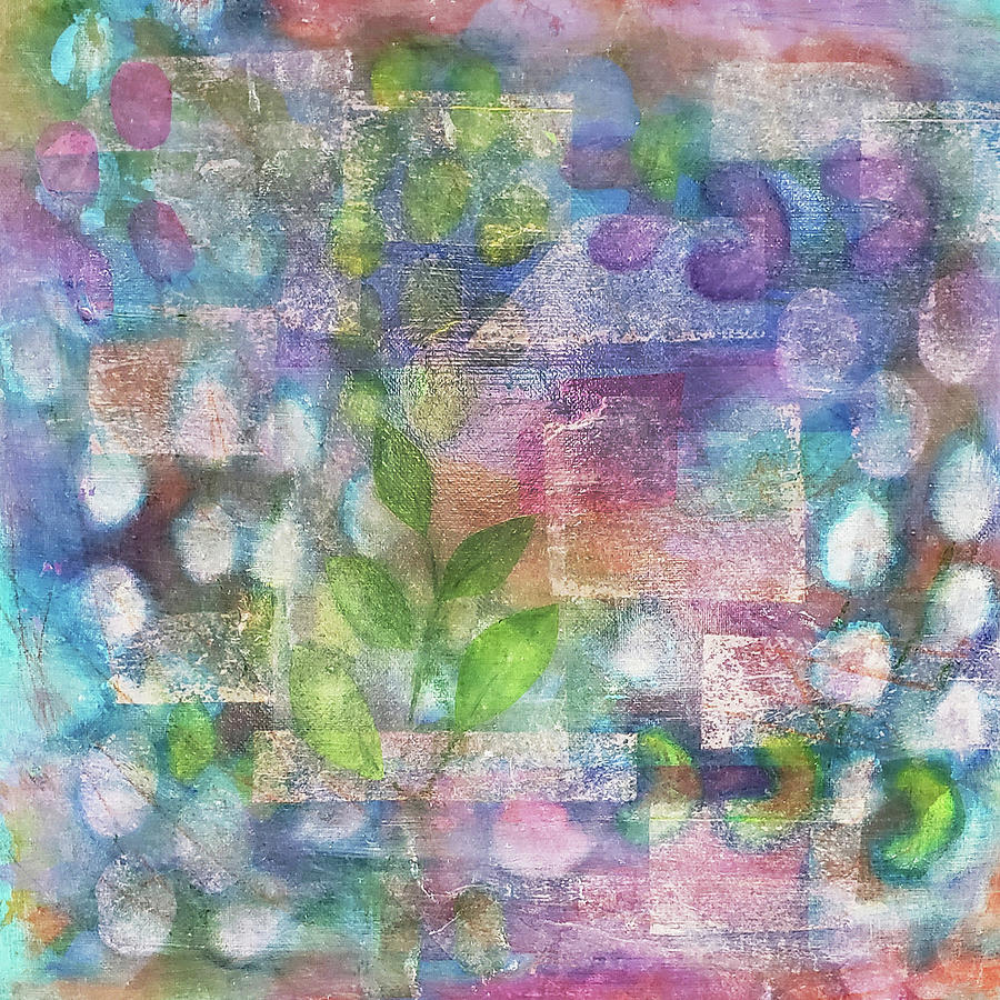 SPRING GARDEN Abstract Collage in Aqua Pink Purple Green Mixed Media by Lynnie Lang