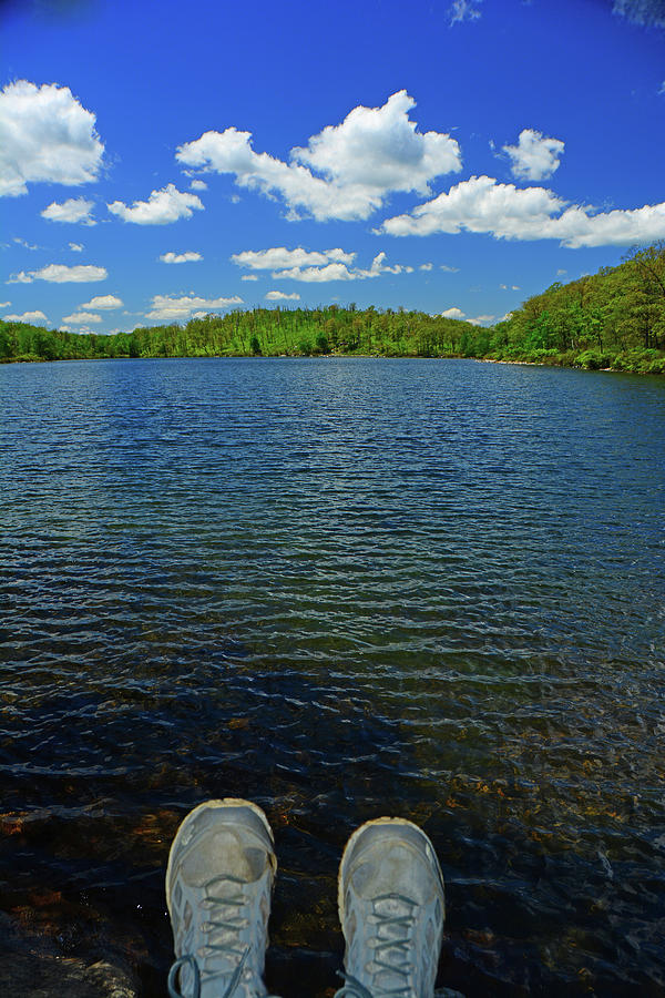 Spring Green Sunfish Pond and Hikers Feet Photograph by Raymond Salani III