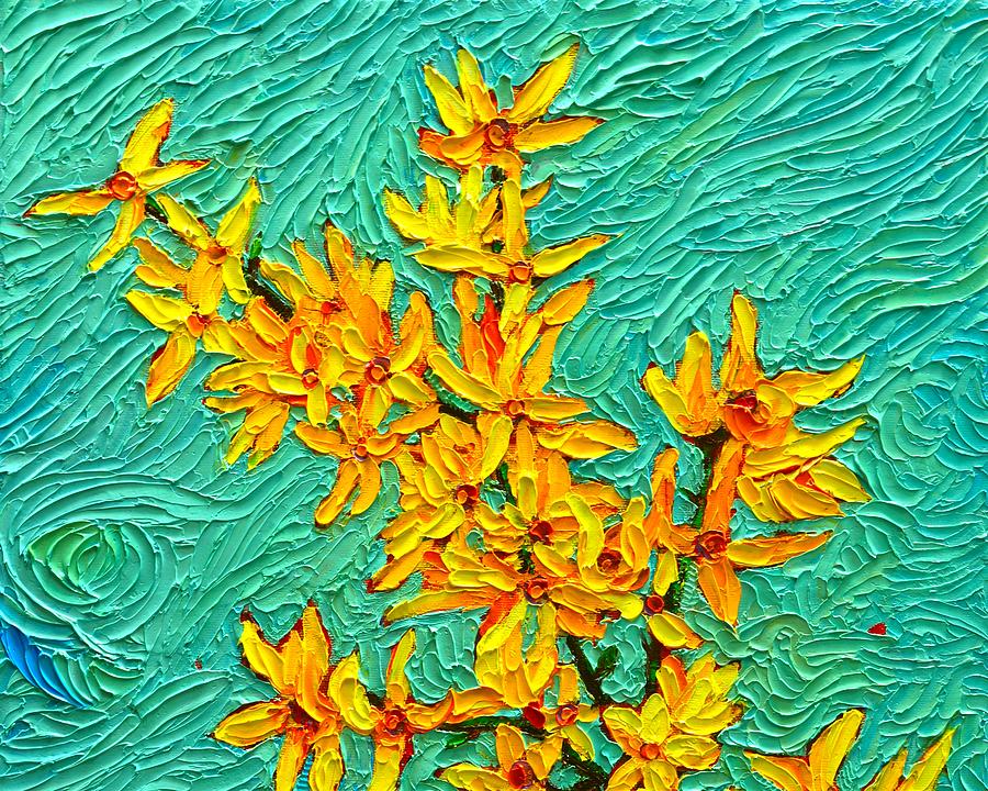 SPRING JOY textural impasto palette knife oil painting forsythia flowers art by Ana Maria Edulescu Painting by Ana Maria Edulescu