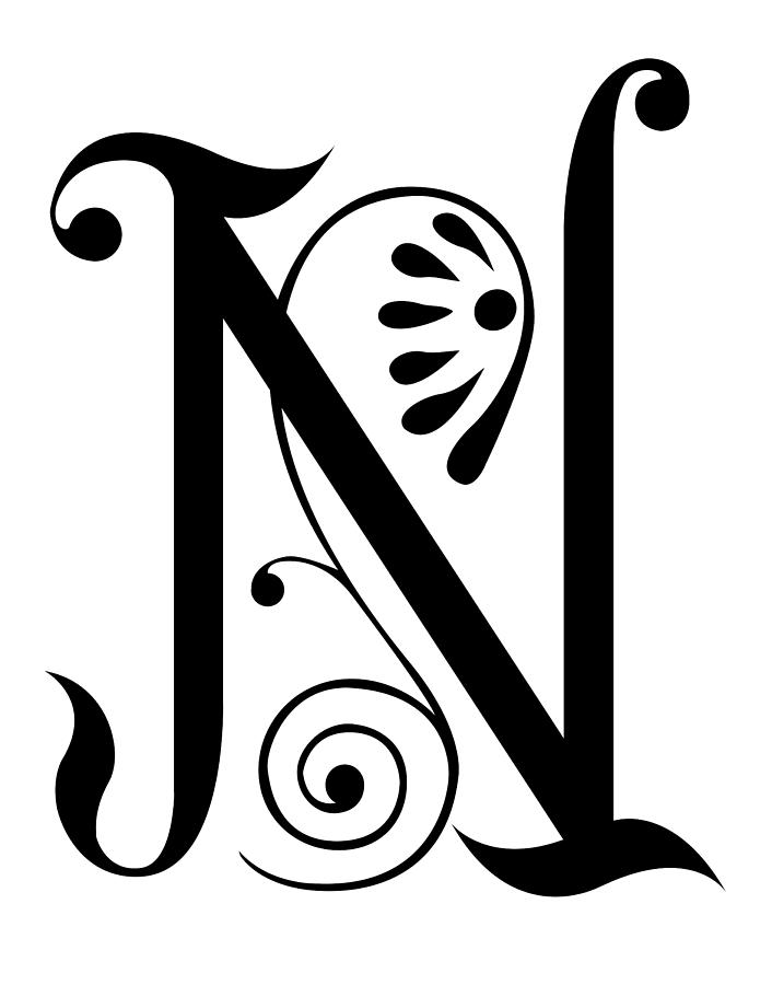 Spring Letter N, Black, Initial Capital Monogram, Super-sharp 300 Dpi 