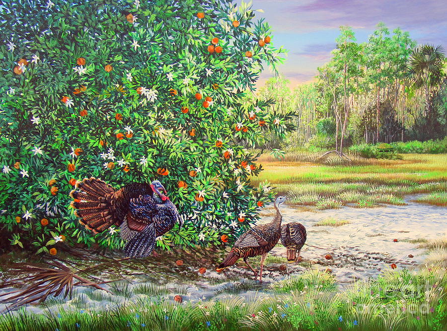 Spring Painting - Spring Morning- Florida Oranges and Osceola Turkeys by Daniel Butler