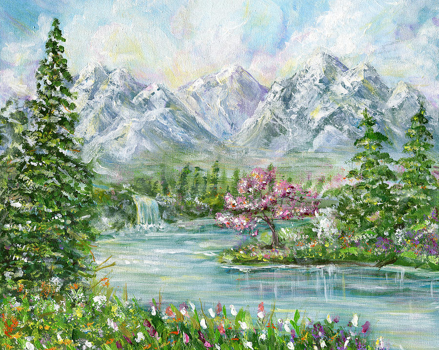 Spring Mountain Landscape. Original Acrylic Hand Painting Illustration Drawing