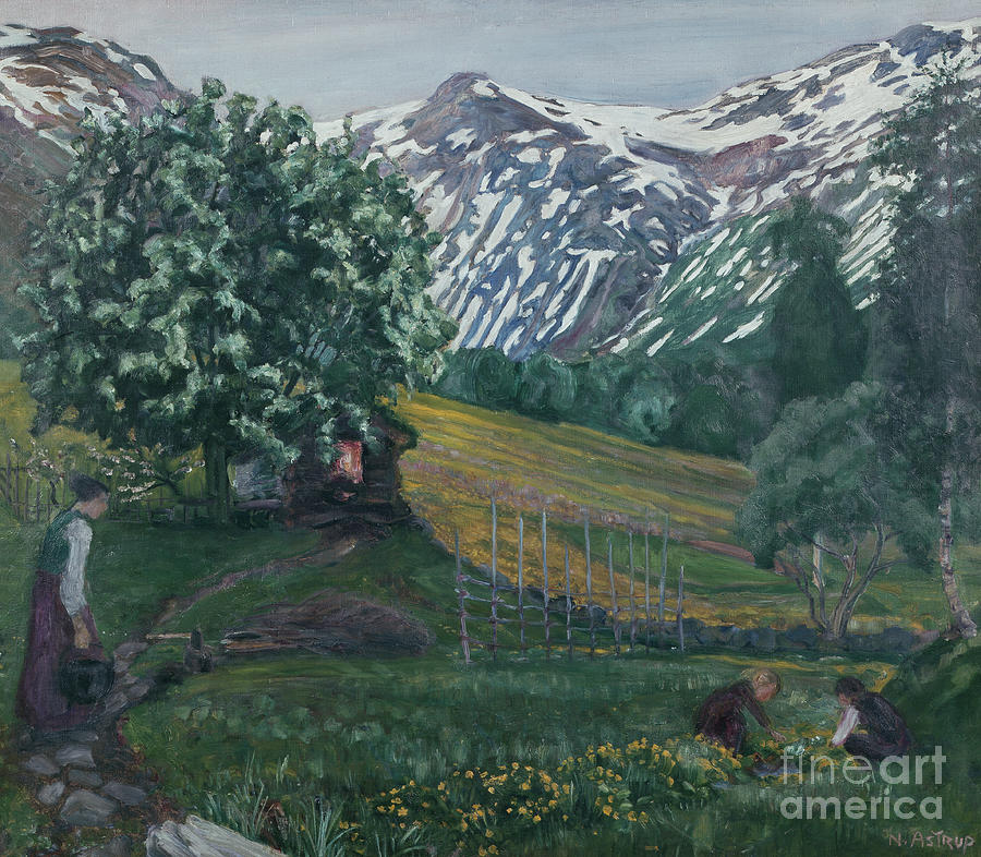 Spring night by the bird cherry, ca 1918 Painting by O Vaering by Nikolai Astrup