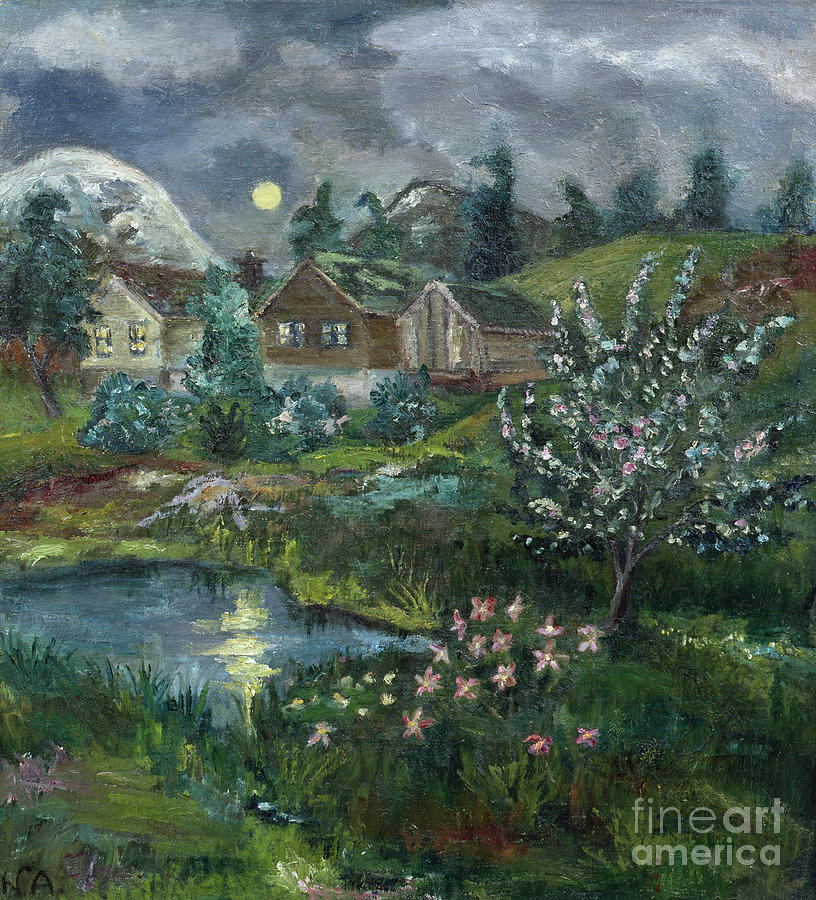 Spring night with full moon Painting by O Vaering by Nikolai Astrup
