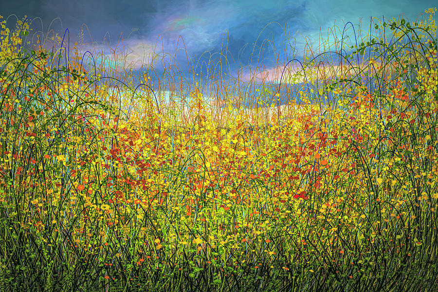 Spring On the Farm  in Tall Grass Meadow Abstract Wild Flowers Mixed Media by OLena Art