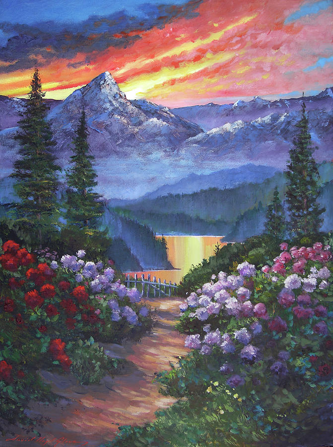 Spring Path To The Mountain Lake Painting by David Lloyd Glover
