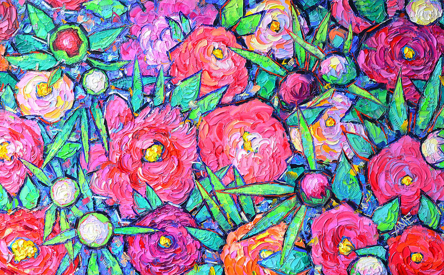 SPRING PINK PEONIES abstract flowers large commissioned palette knife painting Ana Maria Edulescu Painting by Ana Maria Edulescu