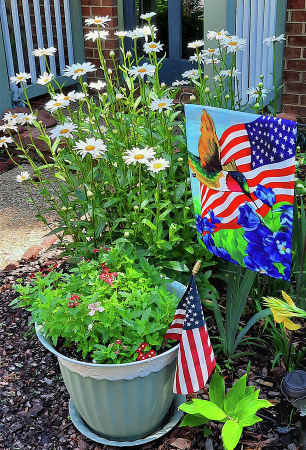 Spring Planter with Daisies and the Flag Photograph by Ola Allen