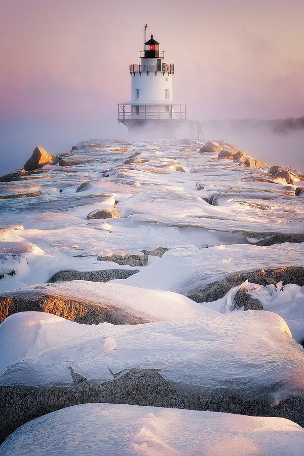 Winter Photograph - Spring Point Ledge Light - Sea Smoke by Jeff Bazinet